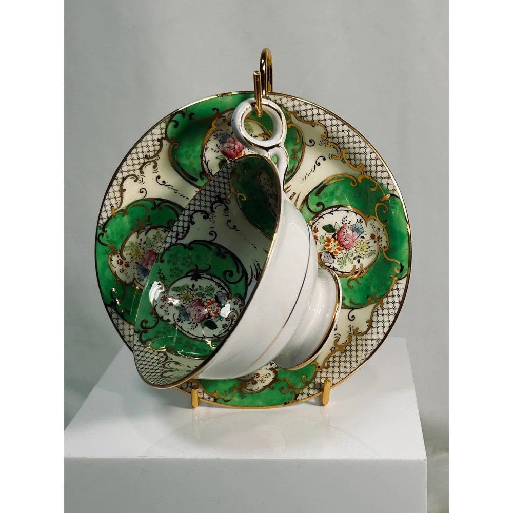 Regent Bone China Fenton England Teacup Saucer Green Gold Floral 4865 Vintage‎
